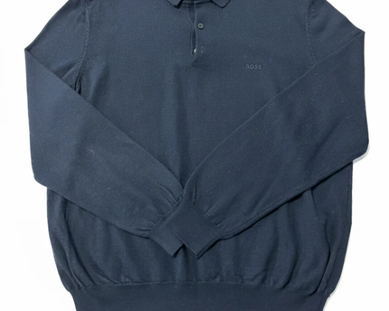 BOSS Navy Blue Long Sleeve Knitted Polo Sweater