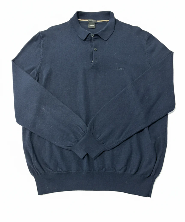 BOSS Navy Blue Long Sleeve Knitted Polo Sweater