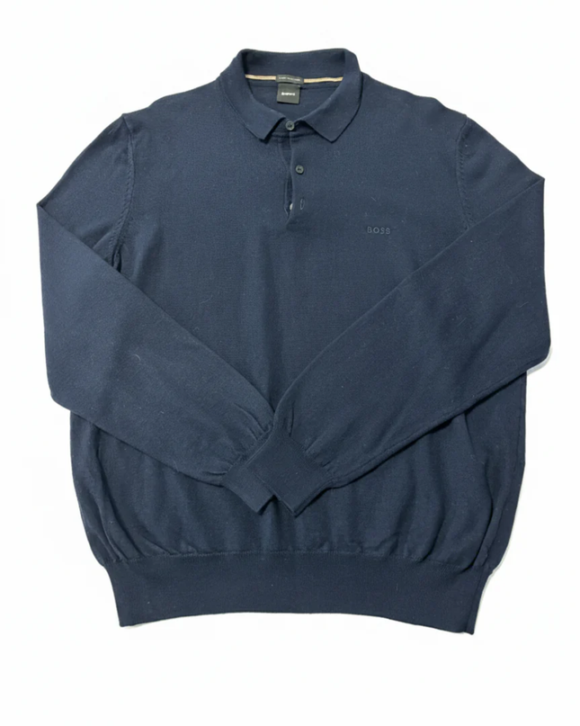 BOSS Navy Blue Long Sleeve Knitted Polo Sweater