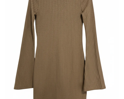 NA-KD Brown Ribbed Trumpet Sleeve Mini Dress