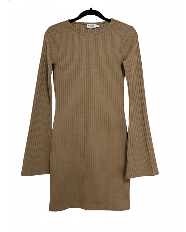 NA-KD Brown Ribbed Trumpet Sleeve Mini Dress