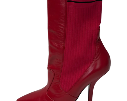 Fendi Red Leather and Ribbed Knit Pointed Toe Sock Boots