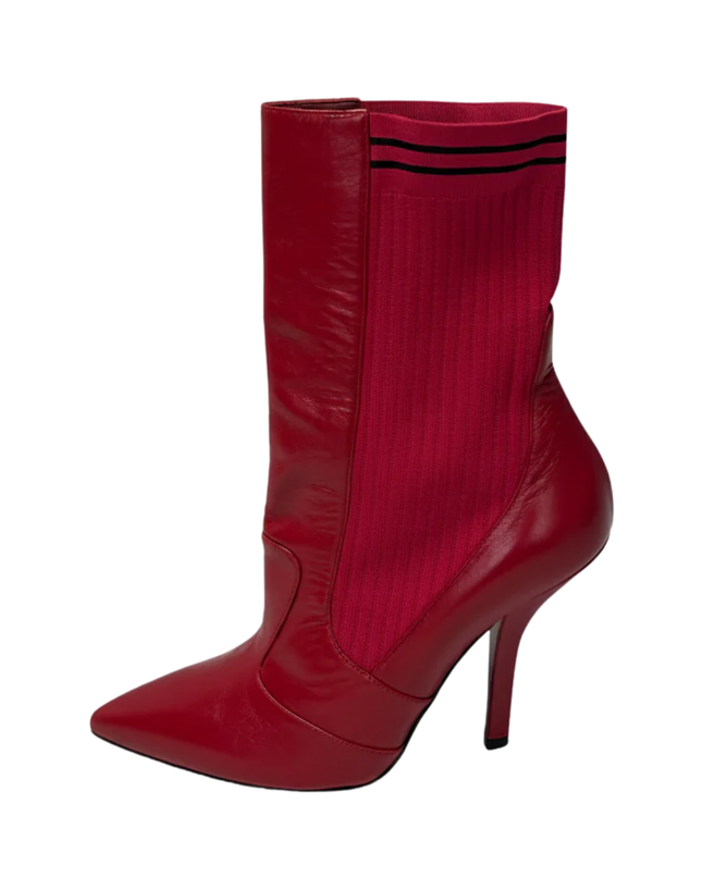 Fendi Red Leather and Ribbed Knit Pointed Toe Sock Boots