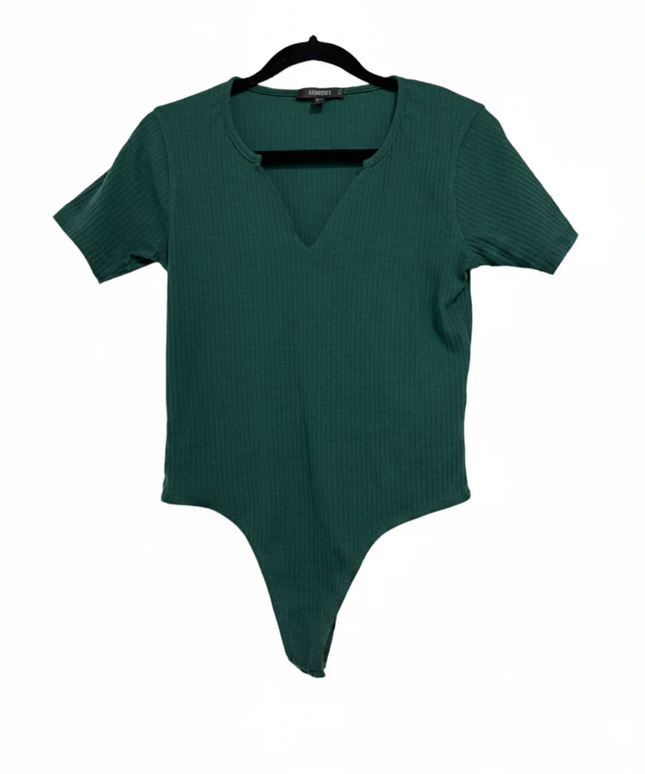 Missguided Dark Green Ribbed V-Neck Short Sleeve Bodysuit