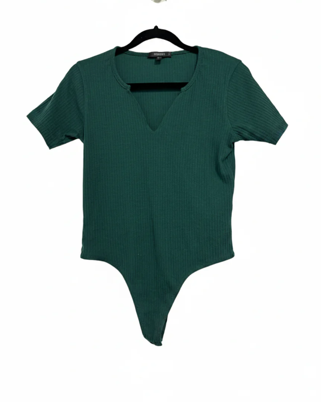 Missguided Dark Green Ribbed V-Neck Short Sleeve Bodysuit