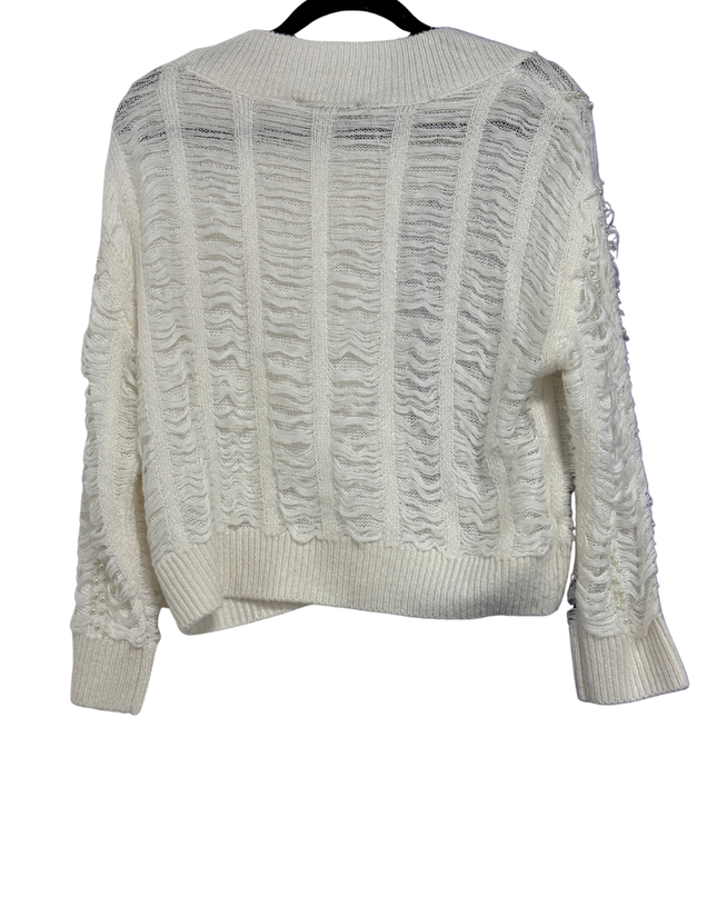 Vero Moda White Pearl Embellished Distressed V-Neck Sweater