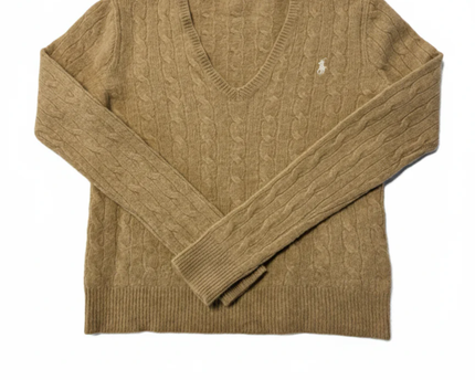 Polo Ralph Lauren Brown Cable Knit Wool-Cashmere V-Neck Sweater