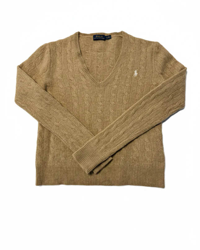 Polo Ralph Lauren Brown Cable Knit Wool-Cashmere V-Neck Sweater