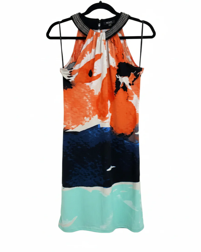 Alfani Multicolor Abstract Print Embellished Halter Neck Dress