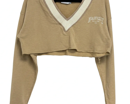 Bershka Beige Nashville Varsity V-Neck Crop Top