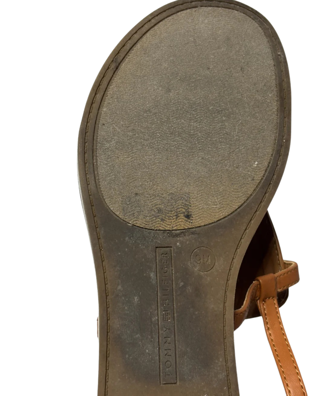 Tommy Hilfiger Light Brown T-Strap Logo Sandals W/Box