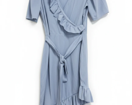 Boohoo Light Blue Ribbed Wrap Ruffle Dress