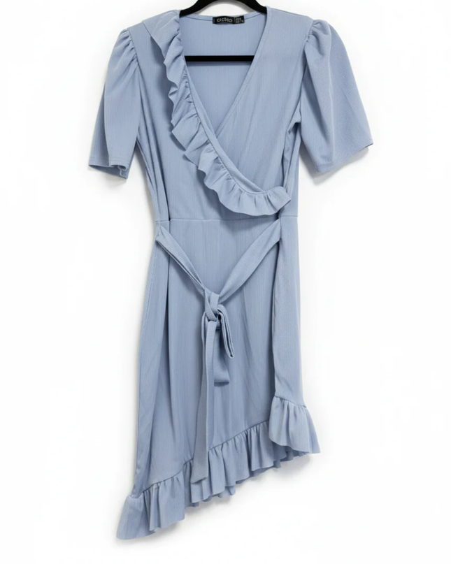 Boohoo Light Blue Ribbed Wrap Ruffle Dress