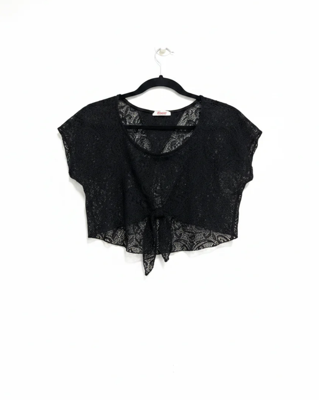 Vivace Black Sheer Lace Tie-Front Cropped Shrug