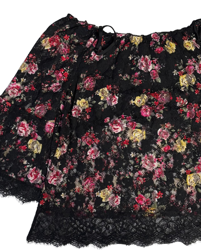 No Boundaries Black Floral Lace Bell Sleeve Off-the-Shoulder Top