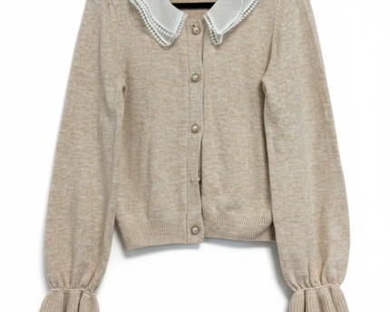 ONLY Beige Knit Cardigan with Delicate Lace Collar