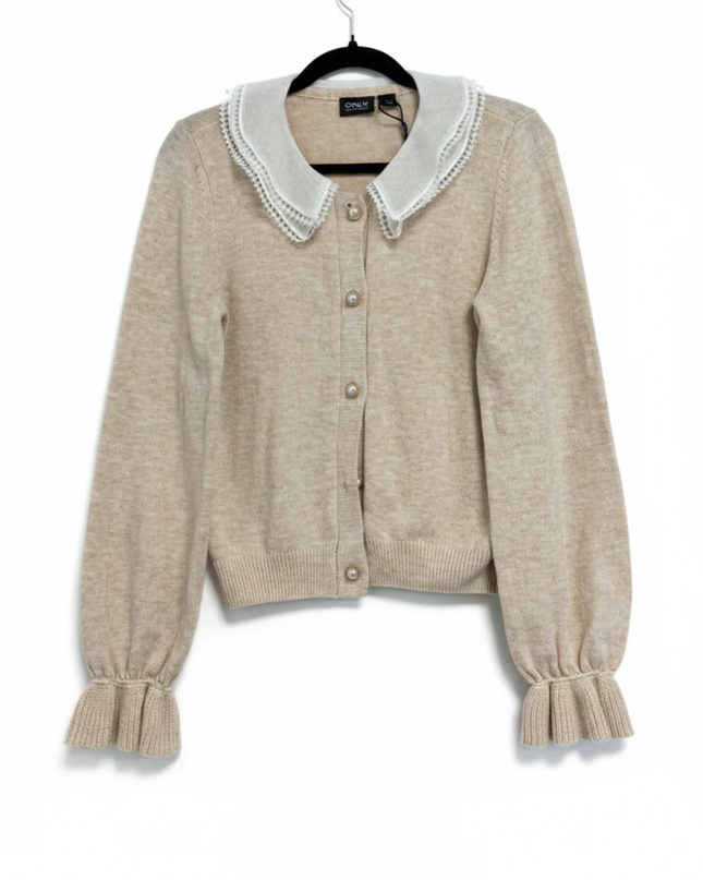 ONLY Beige Knit Cardigan with Delicate Lace Collar