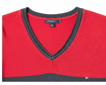 Tommy Hilfiger Red & Navy Blue Colorblock V-Neck Sweater