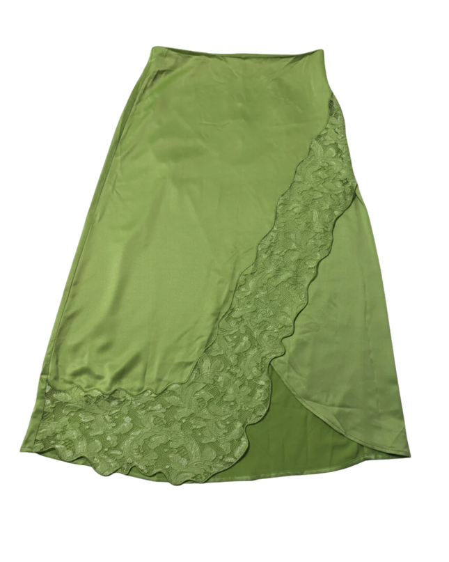 Vero Moda Bright Green Satin Midi Skirt with Lace Trim W/Tags