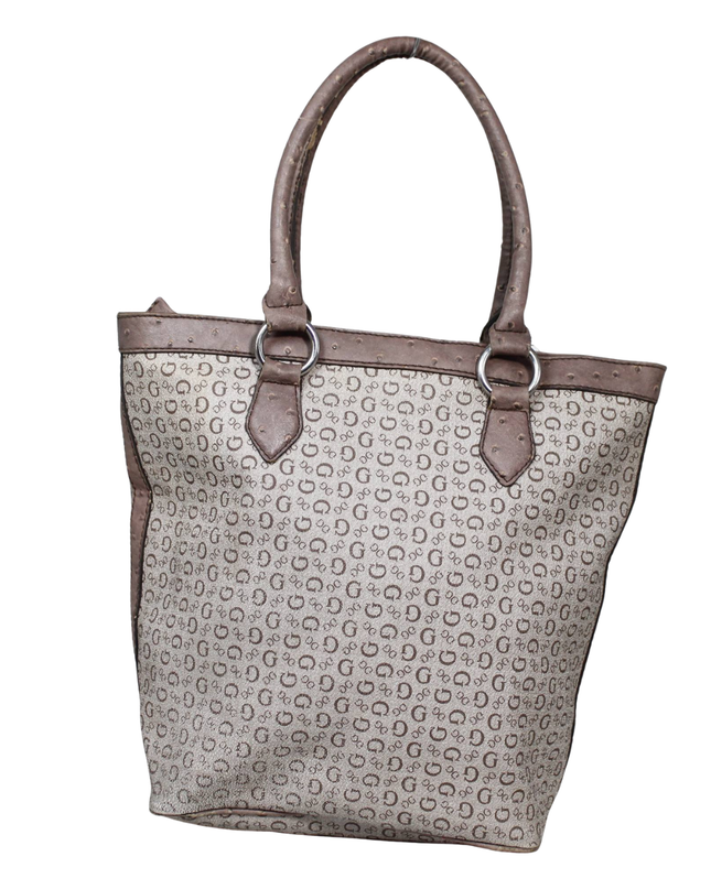 Guess Brown Logo Print Ostrich Trim Tote Bag