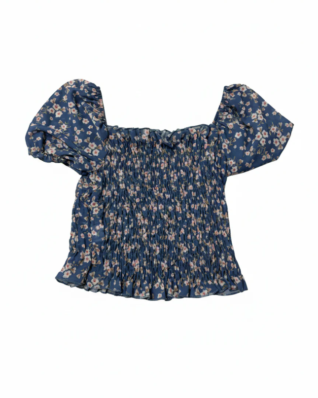 ITALY Series Blue Floral Smocked Puff Sleeve Top