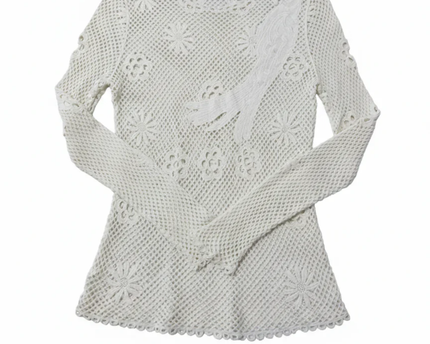 Maje White Crochet Floral and Bird Motif Long Sleeve Top
