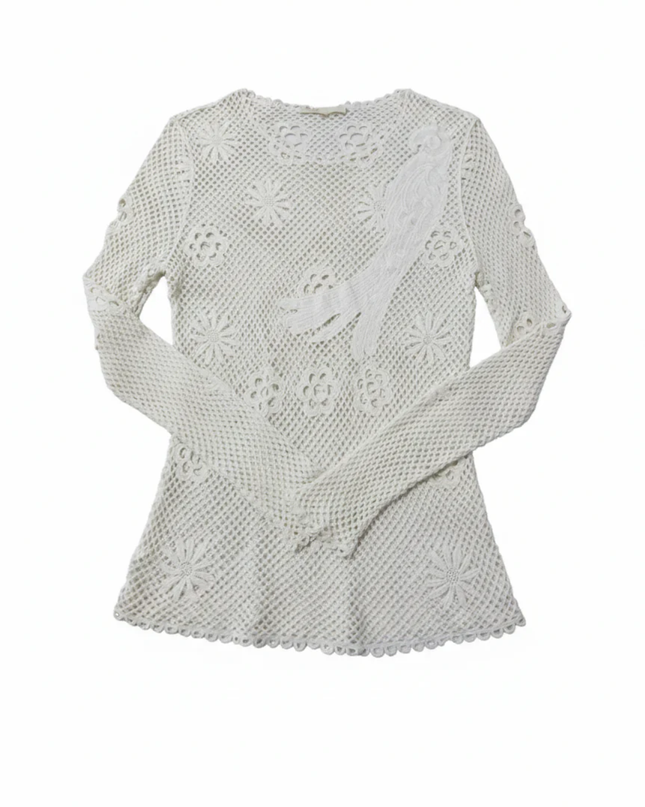 Maje White Crochet Floral and Bird Motif Long Sleeve Top