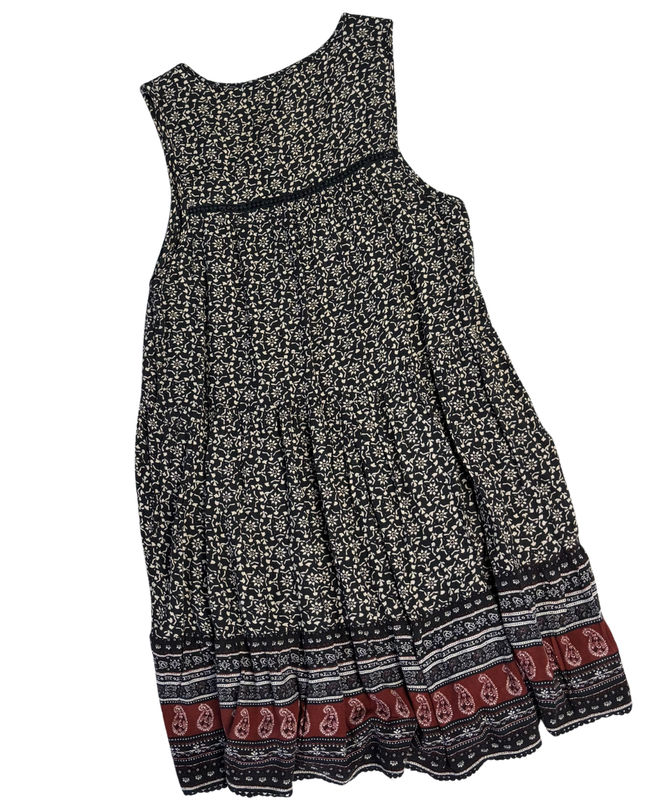 American Eagle Outfitters Black/Cream Patterned Boho Tassel Mini Dress