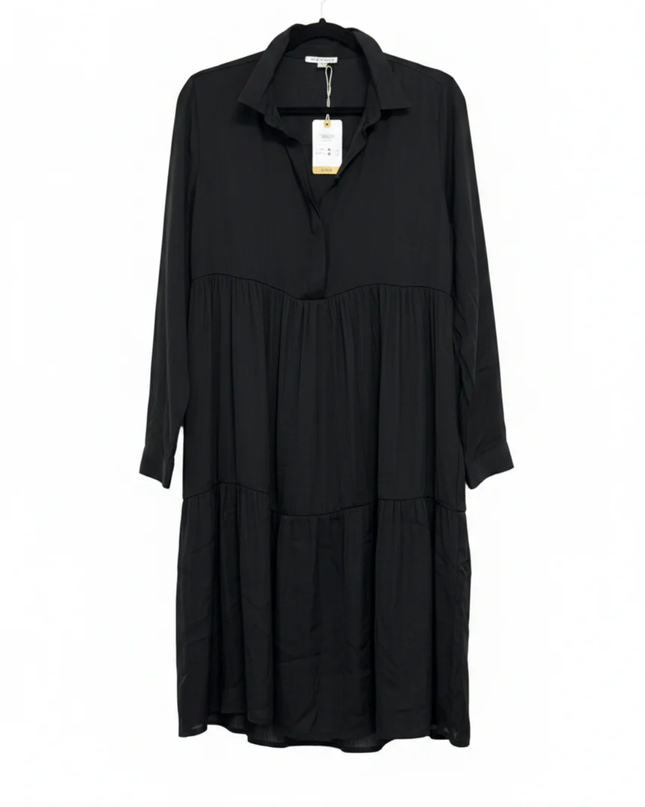 Nice & Chic Black Tiered Long Sleeve Shirt Dress