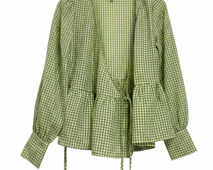 Atmos&Here Green Gingham Wrap Peplum Blouse