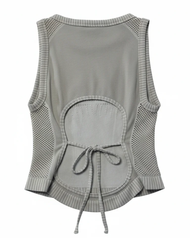 Iets Frans Grey Ribbed Open Back Mesh Crop Top