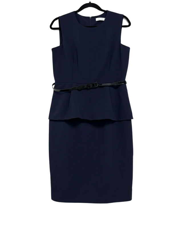 Calvin Klein Navy Blue Peplum Sheath Dress with Belt