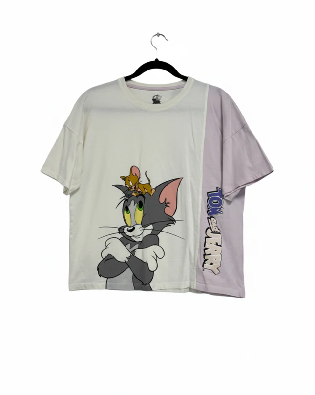 Tom and Jerry Off-white Graphic Tee with Colorblock Panel