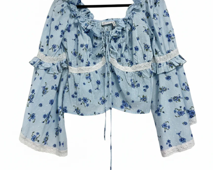 ASOS DESIGN Blue Floral Flare Sleeve Lace Trim Blouse