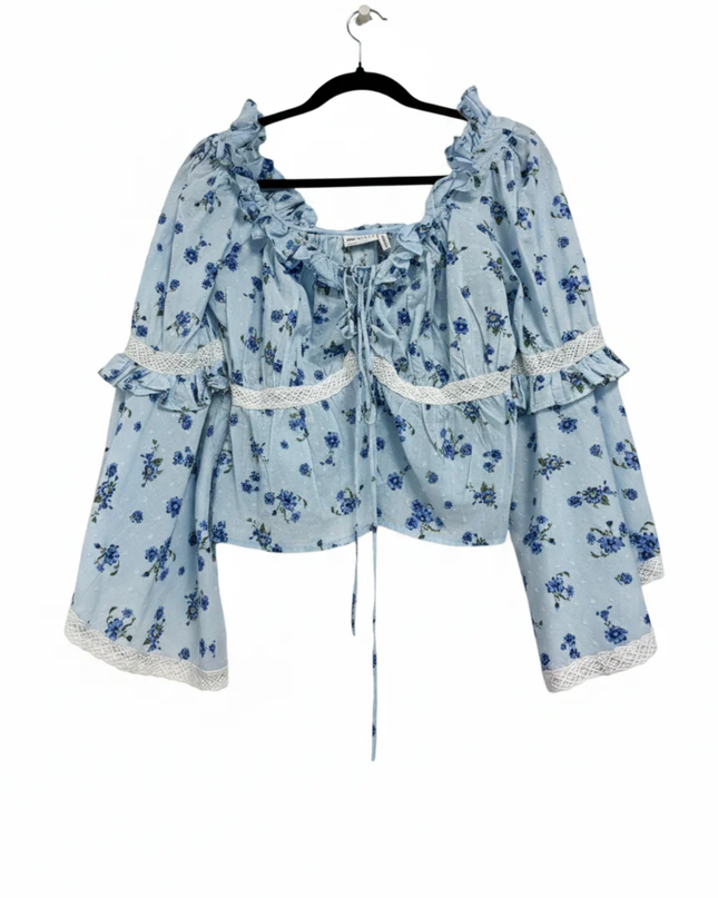 ASOS DESIGN Blue Floral Flare Sleeve Lace Trim Blouse