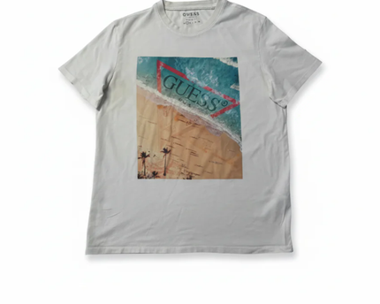 GUESS White Graphic Beach Scene Regular Fit T-Shirt