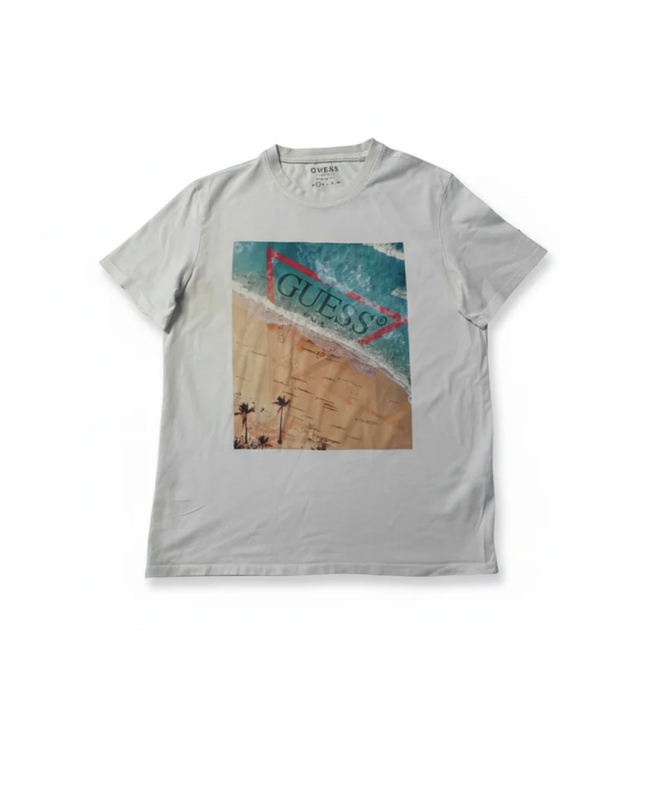 GUESS White Graphic Beach Scene Regular Fit T-Shirt