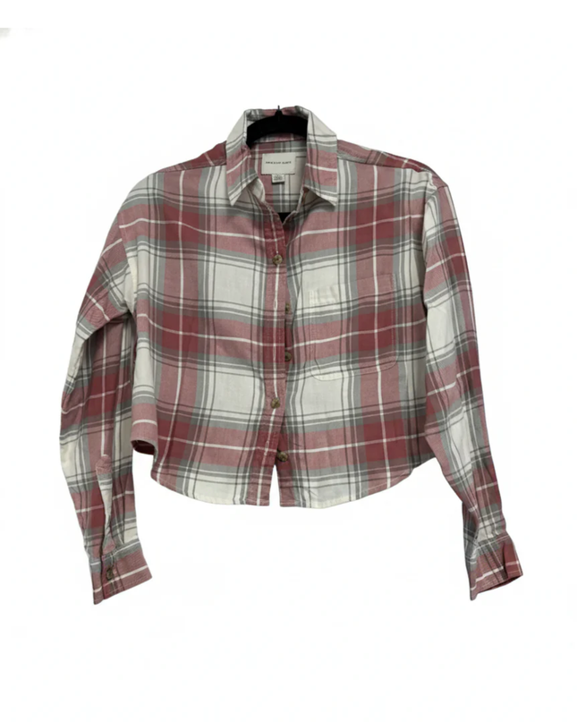 American Eagle Red Plaid Cropped Button-Up Shirt