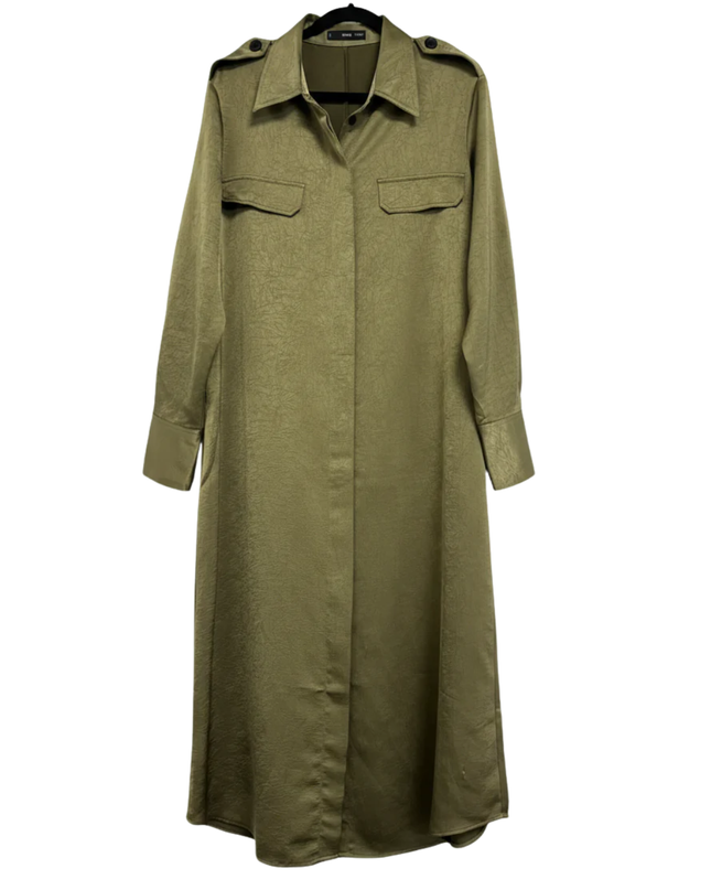 MNG Olive Green Textured Maxi Shirt Dress