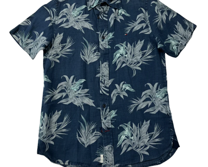 Tommy Hilfiger Blue Tropical Floral Print Linen Short Sleeve Shirt