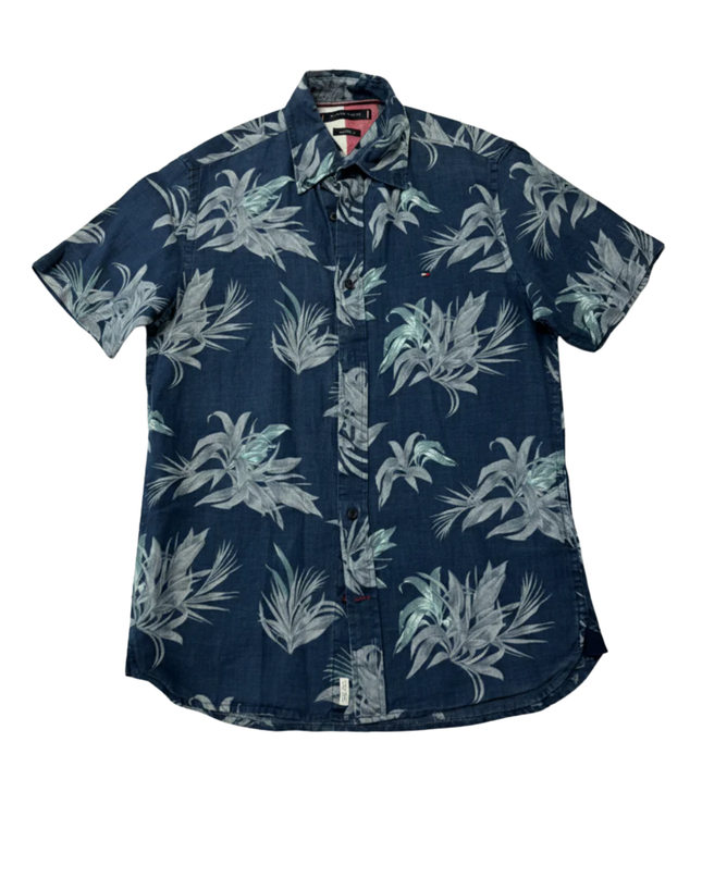 Tommy Hilfiger Blue Tropical Floral Print Linen Short Sleeve Shirt