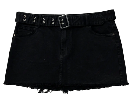 Bershka Black Belted Distressed Denim Mini Skirt