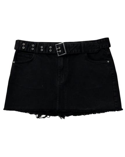 Bershka Black Belted Distressed Denim Mini Skirt
