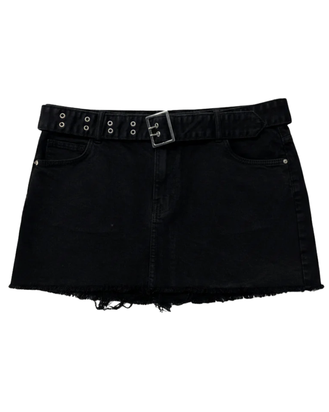 Bershka Black Belted Distressed Denim Mini Skirt