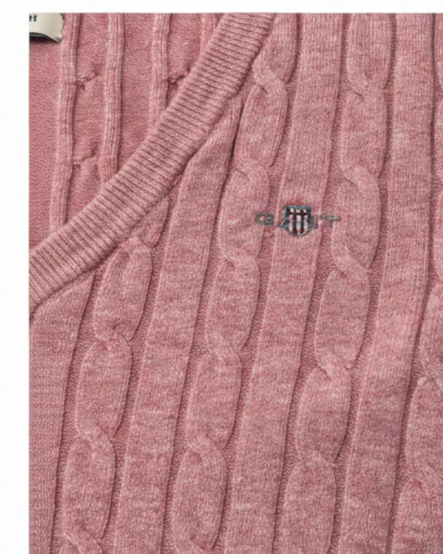 GANT Pink Cable Knit V-Neck Stretch Cotton Sweater