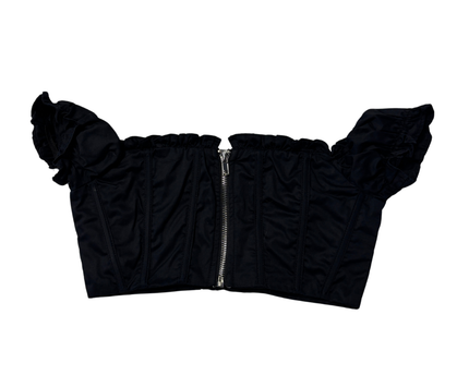 White Fox Black Off-The-Shoulder Bustier Ruffle Crop Top