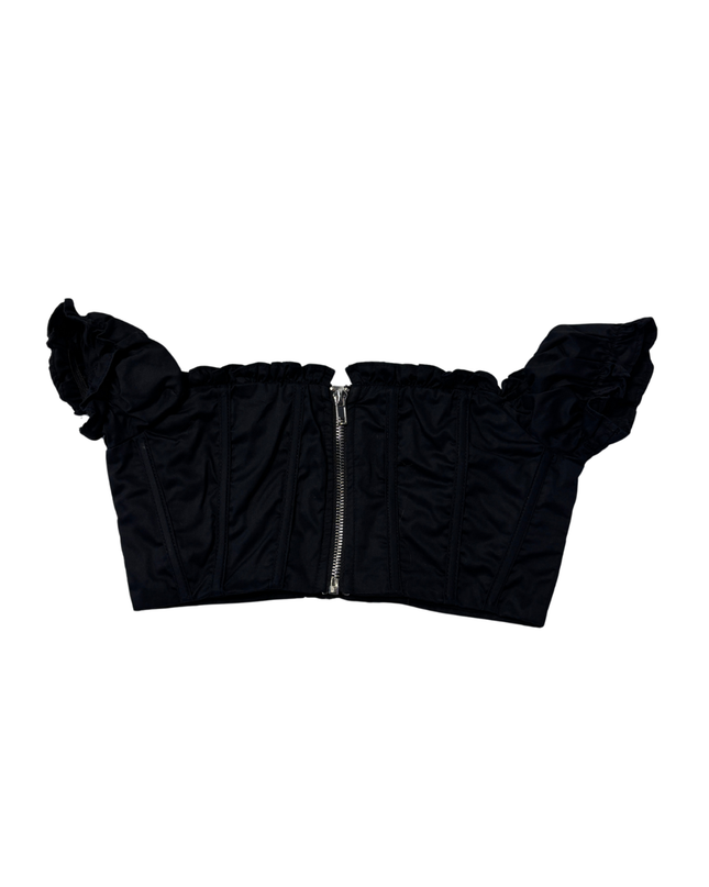 White Fox Black Off-The-Shoulder Bustier Ruffle Crop Top