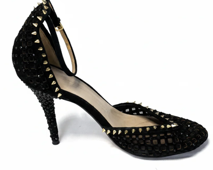 Zara Black Studded and Rhinestone Embellished Ankle Strap Heels