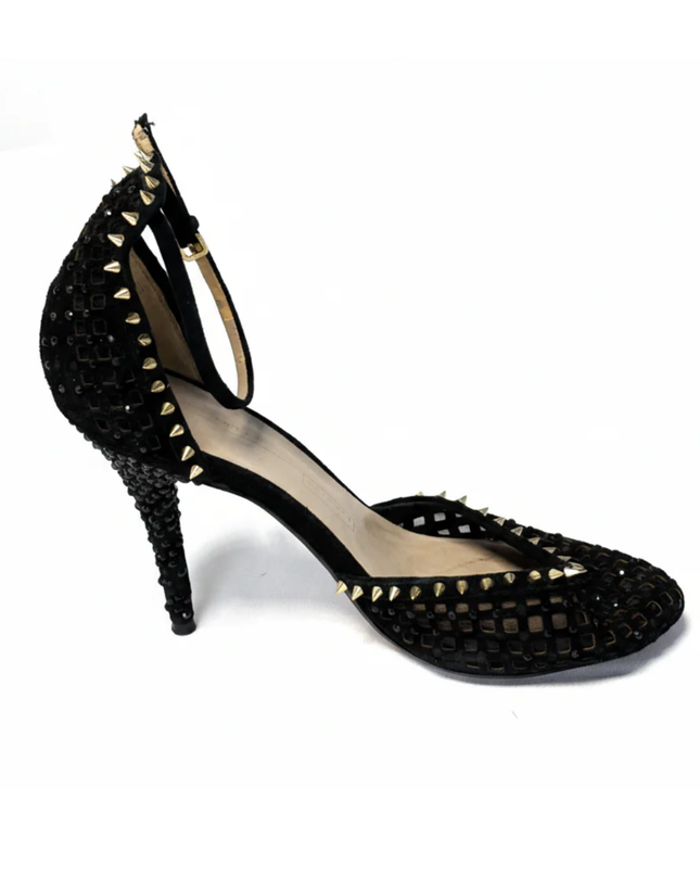 Zara Black Studded and Rhinestone Embellished Ankle Strap Heels