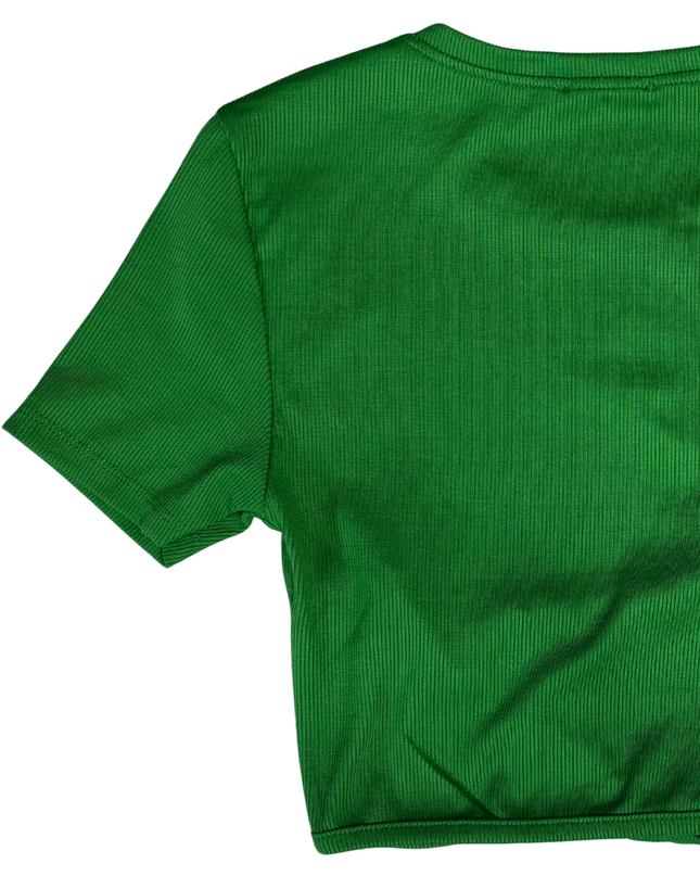 AMISU Green Ribbed Tie-Front Short Sleeve Crop Top